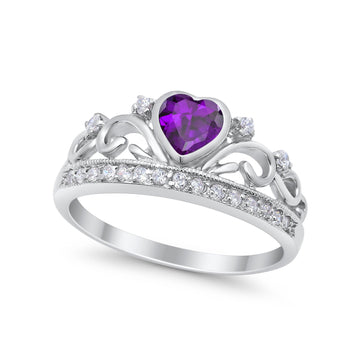Heart Crown Ring Eternity Simulated Amethyst CZ 925 Sterling Silver